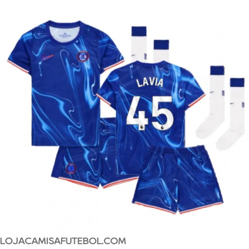 Camisa de Futebol Chelsea Romeo Lavia #45 Equipamento Principal Infantil 2024-25 Manga Curta (+ Calças curtas)